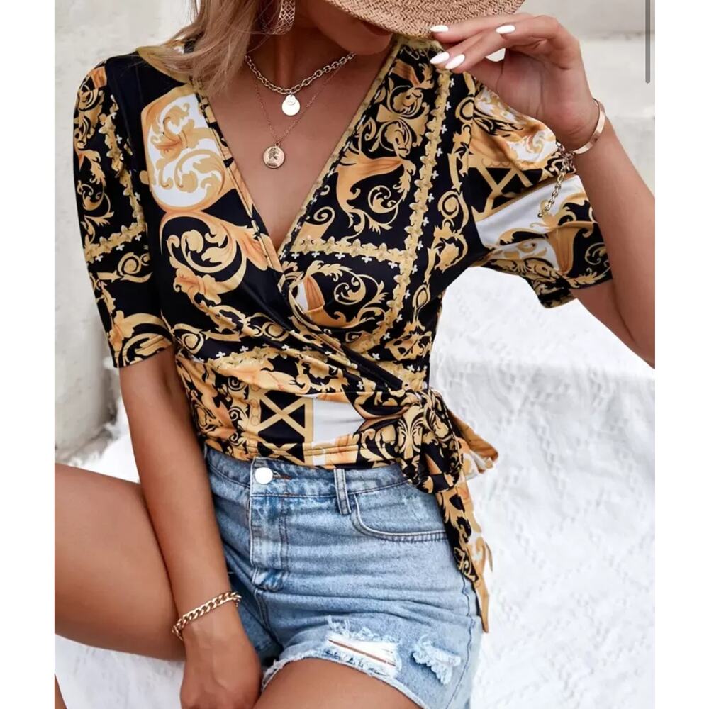Baroque Print Wrap Side Tie Top